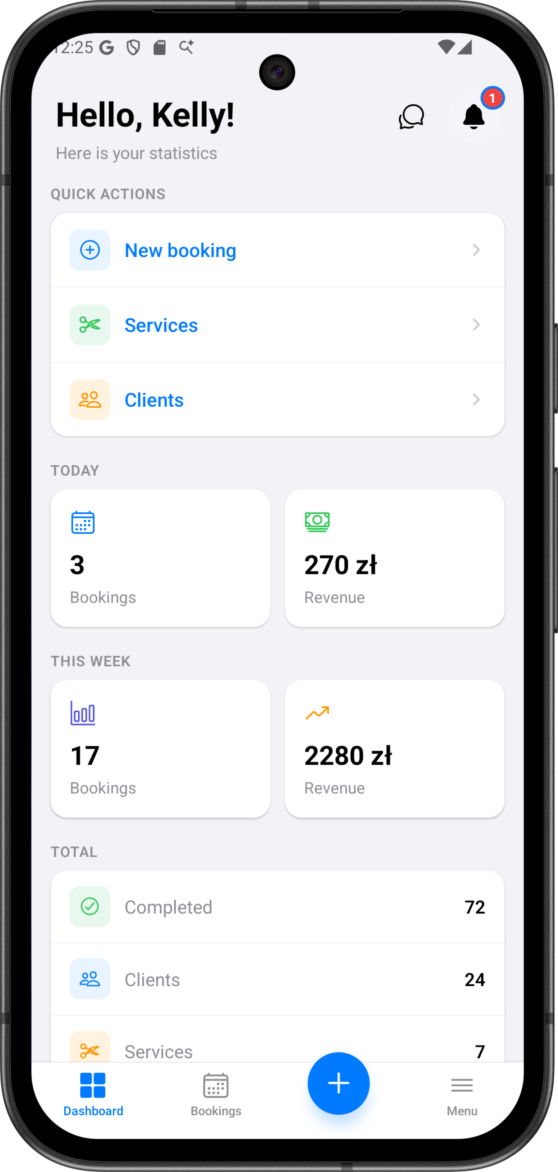 Lovami app dashboard showing today's bookings and revenue